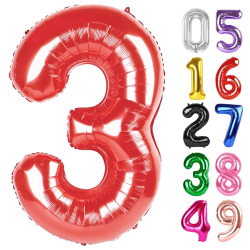 Image of Red Number 3 Balloon 40 Inch, 3rd Birthday Celebration Supplies Women Men, 3 Balloon for Theme Party