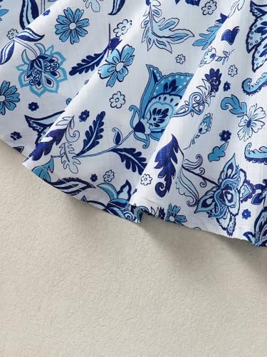 Image of Girls Holiday Skirt Floral Boho Summer Elastic Waist Flared A-Line Skirts with Shorts Underneath Blue 9-10 Years