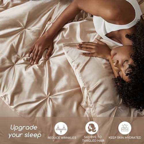 MR&HM Satin Comforter Twin XL 5 Pieces - Luxurious Pinch Pleat Bedding Set with Comforter, Flat Sheet, Fitted Sheet, Pillowcase & Sham, Super Silky Soft Bed Set for All Season (Twin XL, Champagne)