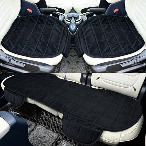 Image of MYARMOR Car Seat Cover Set | Ultra-Soft HR Quilted Cushion | Non-Slip Grip | Storage Pouch | Universal Fit Seat Protector | Front & Rear Seats | 50x20 & 20x20 Inches | Black Velvet