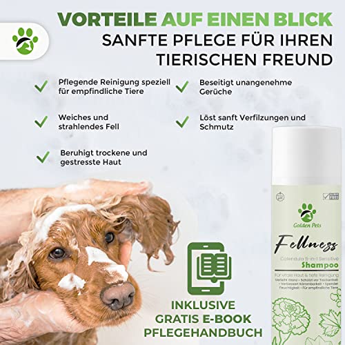 Fellglück Sensitiv Hundeshampoo - Für alle Hunde und Welpen, 100% natürliche Fellpflege gegen Juckreiz, Fellglanz, Fellpflege & bessere Kämmbarkeit, 250 ml + neues E-Book Golden Pets