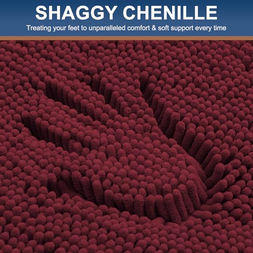 Image of Smiry Bathroom Rugs Sets 2 Piece, Soft Absorbent Chenille Machine Washable Non Slip Shaggy Bath Rug Set for Tub, Shower, and Floor (34x21+30x20, Burgundy)