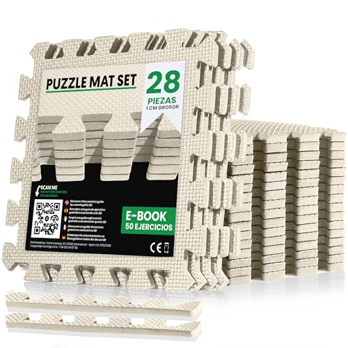 unycos - Esterilla Fitness Puzzle para Suelo de Gimnasio【30x30x1 cm】 Set de Protección de Espuma EVA, 28 Piezas, Alfombra Expandible, Tatami para Pisos | Impermeable, No Tóxica (Blanco I 2,52 m²)
