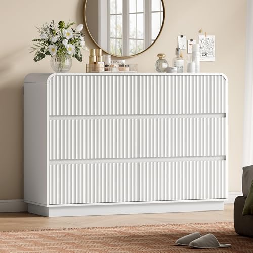 Image of Wodeer White Dresser Fluted 6 Drawers Dresser for Bedroom, 47 inch Wide Wood Chest of Drawers with Hidden Handles & Rounded Corners, Modern TV Stand Storage Cabinet for Living Room, Hallway, Entryway