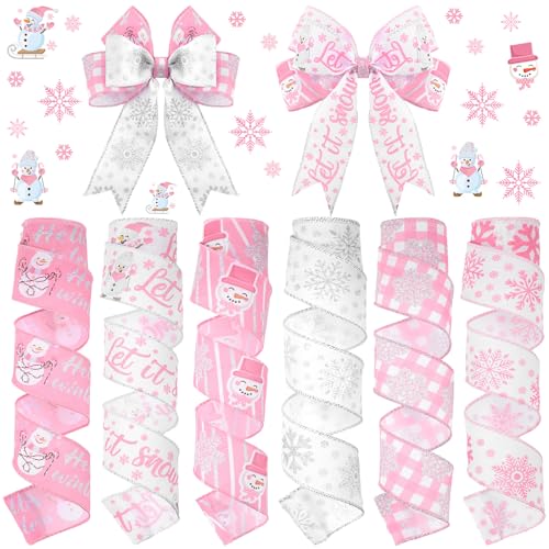 Chitidr 6 Rolls 30 Yard Winter Wired Ribbon 2 Inch Snowflake Snowman Ribbon Winter Swirl Burlap Wonderland Gift Wrapping Thread for Tree Topper Wreath DIY Craft Bow Decor(Snowflake Pink White)