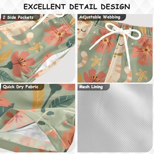 OREZI Boys Swim Shorts Cartoon Cat and Red Flower Bathing Suit for Kids Teens3