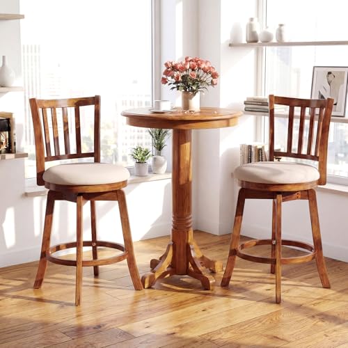 Butacos Giratorios de Barra Giantex, Set de 2 Unidades, Altura para Encimera (25 pulgadas), Patas de Madera de Caucho y Reposapiés, Asiento Tapizado, Estilo Granja para Isla de Cocina, Comedor y Pub miniatura 4