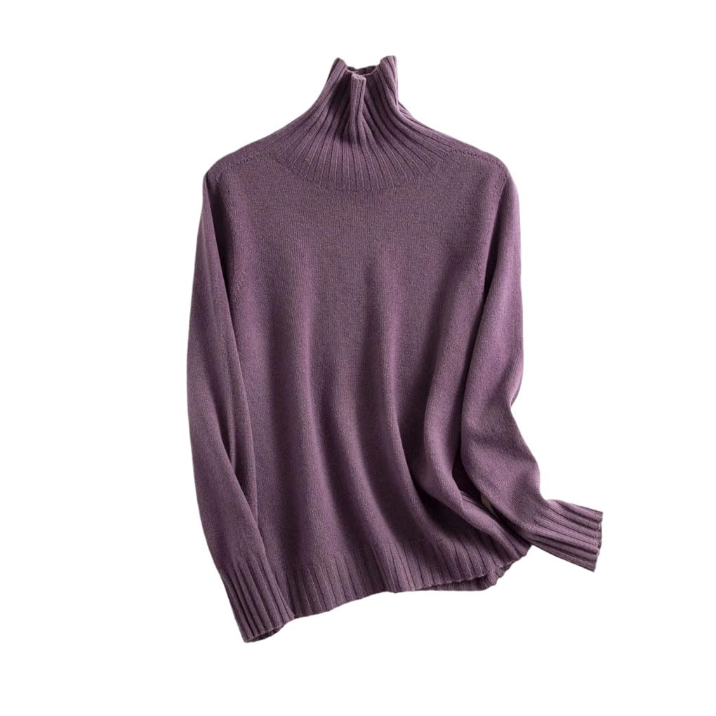Womens Casual Wool High Neck Solid Color Long Sleeved Pullover Knitted Sweater