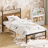 Weehom Marcos de cama individual con estante de cabecera, marrón rústico