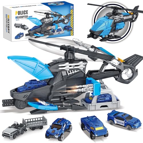 Frontoytall Police Rescue Helicopter Toy Set for Kids 3-8, Transport Cargo Helicopter with 3 Police Cars & Truck, Rotating Blades, Storage Cabin, STEM Learning Toys Gift for Boys Girls