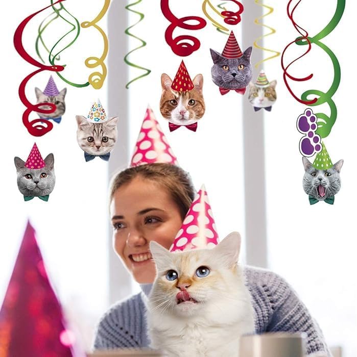 30Ct Cat Face Hanging Swirl Decorations, Kitty Party Supplies, Meow Happy Birthday Theme Decor, Pet Paper Funny Favor for First 1st Bday - Image 6