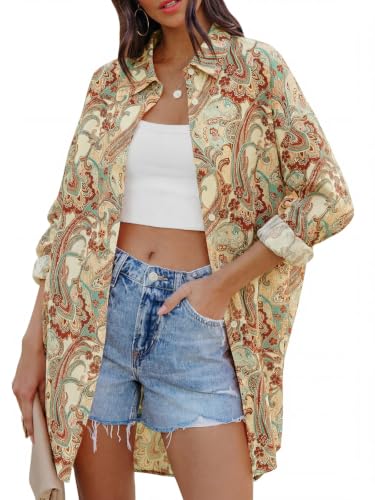 Image of FSHAOES Womens Oversized Button Down Shirts Casual Loose Long Sleeve Solid Lapel Long Blouses Tops with Pockets
