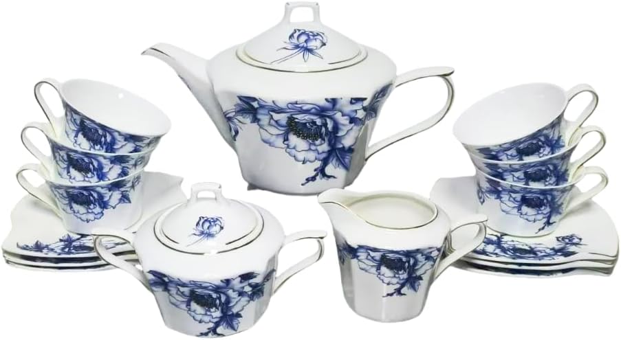 Porlien Blue Floral 17-piece Tea Set for 6, Teacups and saucers with Teapot, Milk Pitcher and Sugar Bowl