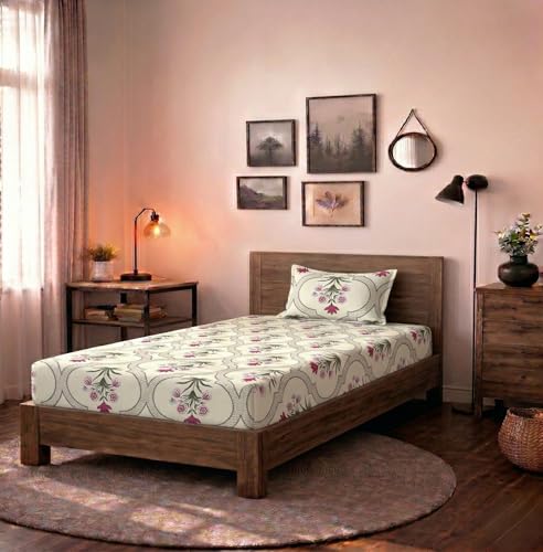 Image of HOMEKART (110 TC & 110 GSM 100% Cotton Feel Bedsheet for Single Bed with One King Size Pillow Covers Soft /Breathable Wrinkel Free -60x90 Inches - (Rose Pink & Gree)