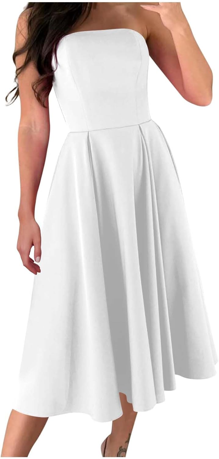 Women's Strapless Sleeveless Midi Tube Dress Elegant Casual A-Line Swing Pleated Cocktail Party Wedding Guest Dresses