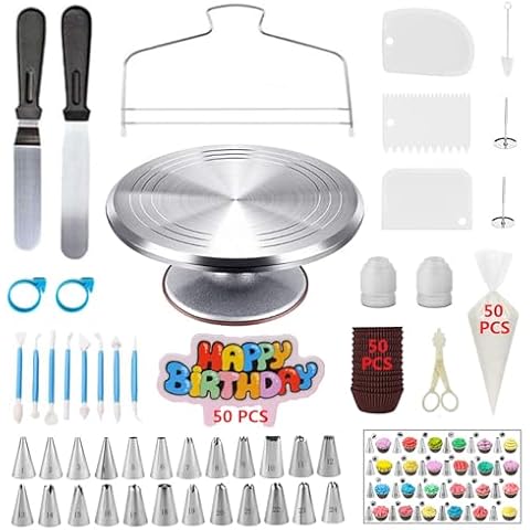 YOQXHY 198 Pcs Cake Decorating Kit with Aluminium Alloy Cake Turntable,Cake Leveler,24 Numbered Icing Piping Tips,2 Cake Spatulas,3 Comb Scrapers,2 Couplers, 50 Pastry Bags Cover