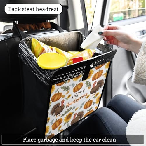 Image of Car Trash Can Organizer Bin with Adjustable Strap for Back Front Seat Console Waterproof Leakproof Collapsible Portable 11 Inch Thanksgiving Turkeys Sunflowers White