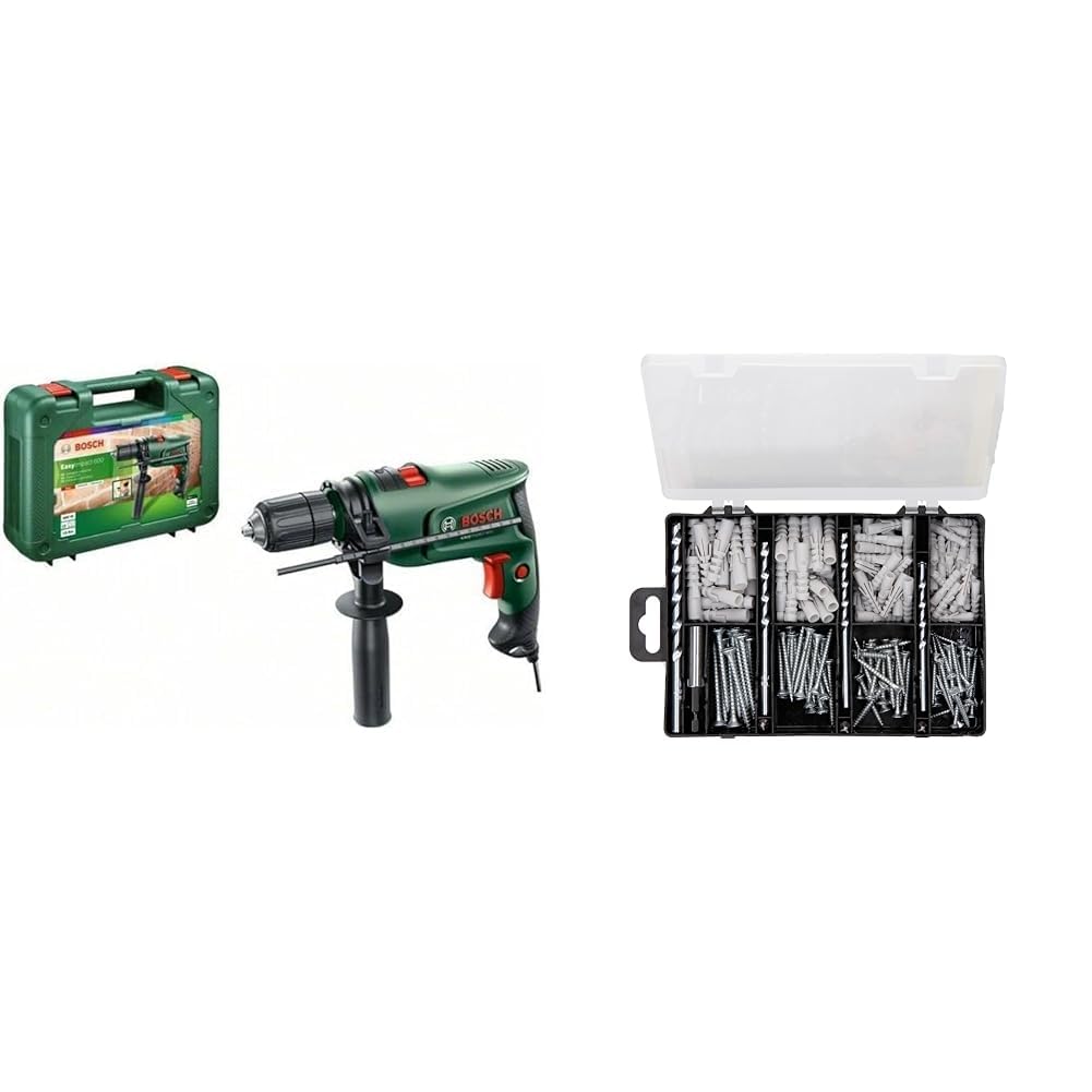 Bosch Home and Garden Trapano elettrico a percussione EasyImpact 600 (600 W, in valigetta) + 2607019511 Set Completo per Fissaggio, 173 Pezzi, 4 Punte