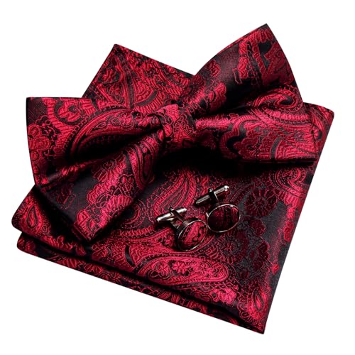 Image of YOHOWA Mens Bow Tie Set Paisley Pre-tied Bowties Adjustable with Handkerchief Cufflinks Gold Ring Set Wedding Prom Party