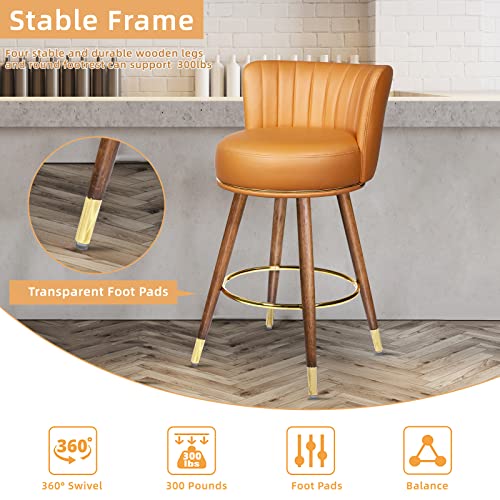 Seekfancy 27" Swivel Bar Stools Set Of 2, Counter Height Bar Stools With Back, 360 Swivel Bar Chairs With Wood Legs And Footrest, Upholstered Orange Bar Stool For Kitchens Island, Rustic Bar, 300Lbs #TOP5