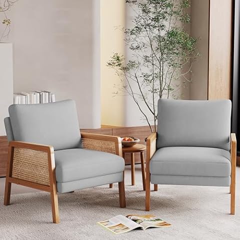 Alunaune Grey Accent Chair Set of 2 Upholstered Living Room Chairs, Modern Bedroom Furniture Sets Natural Rattan Arm Slipper Club Chair Guest Reception Couch Comfy Single Sofa Cover