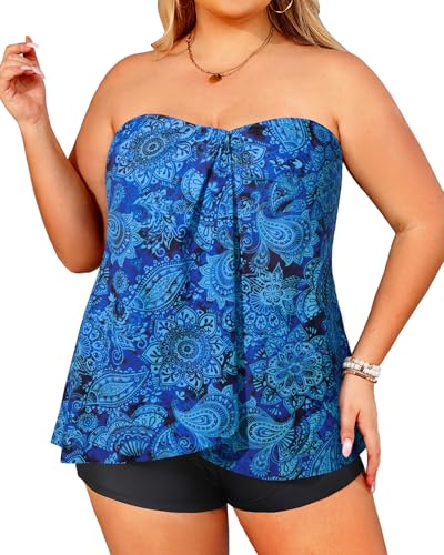 Image of Plus Size Bandeau Tankini 2 Piece Halter Swimsuit with Shorts | Flyaway,Quick Dry,Strapless,Removable Cups,High Waisted Short