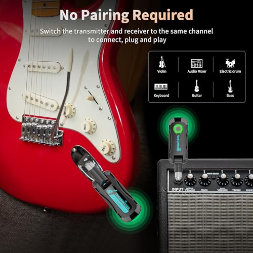 Sistema inalámbrico para guitarra eléctrica y bajo, transmisor y receptor 2.4G recargable, audio de baja latencia plug & play, 4 canales para escenario, práctica y estudio, teclado y batería electrónica miniatura 5