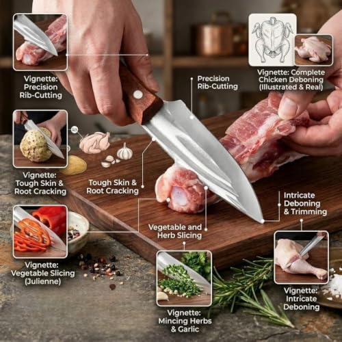 Image of Chef Knife with Leather Sheath, Full Tang Kitchen Knife with Ergonomic Wooden Handle, Multipurpose Stainless Steel Blade for Cutting Meat, Vegetables, Fruits (Kitchen Knife)