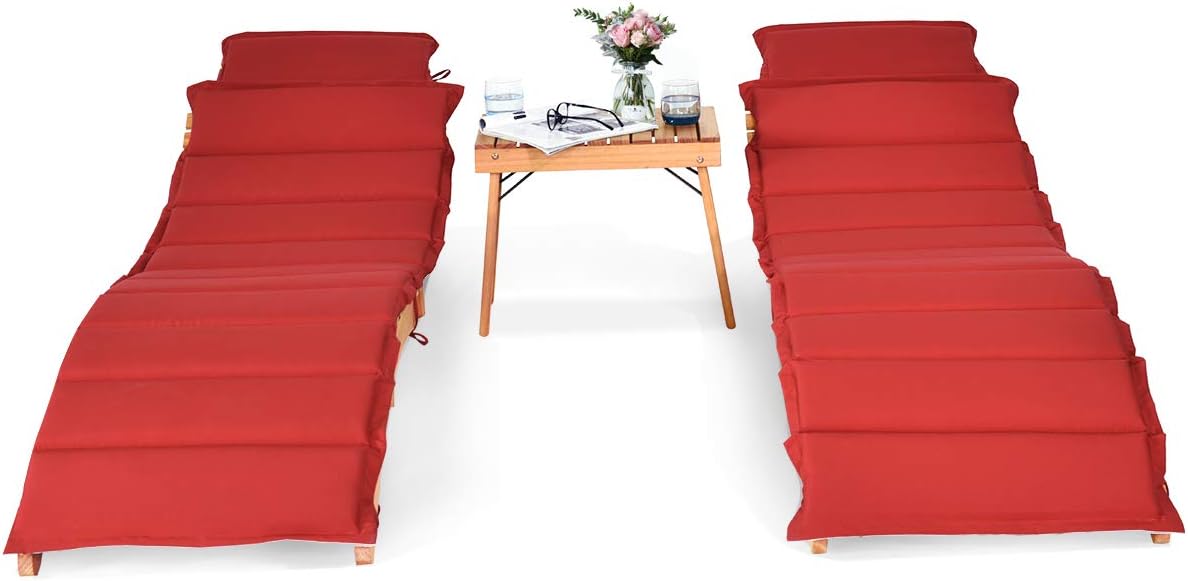 DORTALA 3 Pieces Folding Patio Lounge Chair Set, Eucalyptus Outdoor Lounger Chair w/Foldable Side Table, Double-Sided Cushion Lounger Chairs Set for Garden Lawn Set of 3