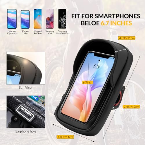 ROCKBROS Uchwyt na telefon komórkowy, torba rowerowa, wodoszczelna torba na kierownicę, obracana o 360°, do smartfonów o przekątnej ekranu 6,7", uchwyt na telefon komórkowy