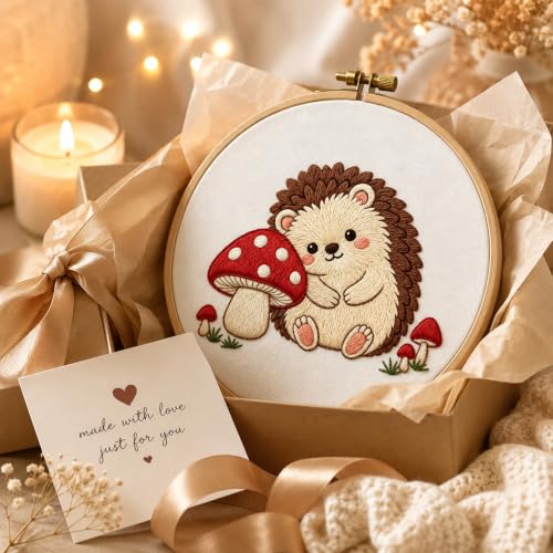 Image of Nuberlic Embroidery Kit for Beginners Stamped Hedgehog Needlepoint | Stamped Animal Embroidery Starter Kit for Adults Complete Cross Stitch Kit Home Decor, Gifts And Relaxing Art