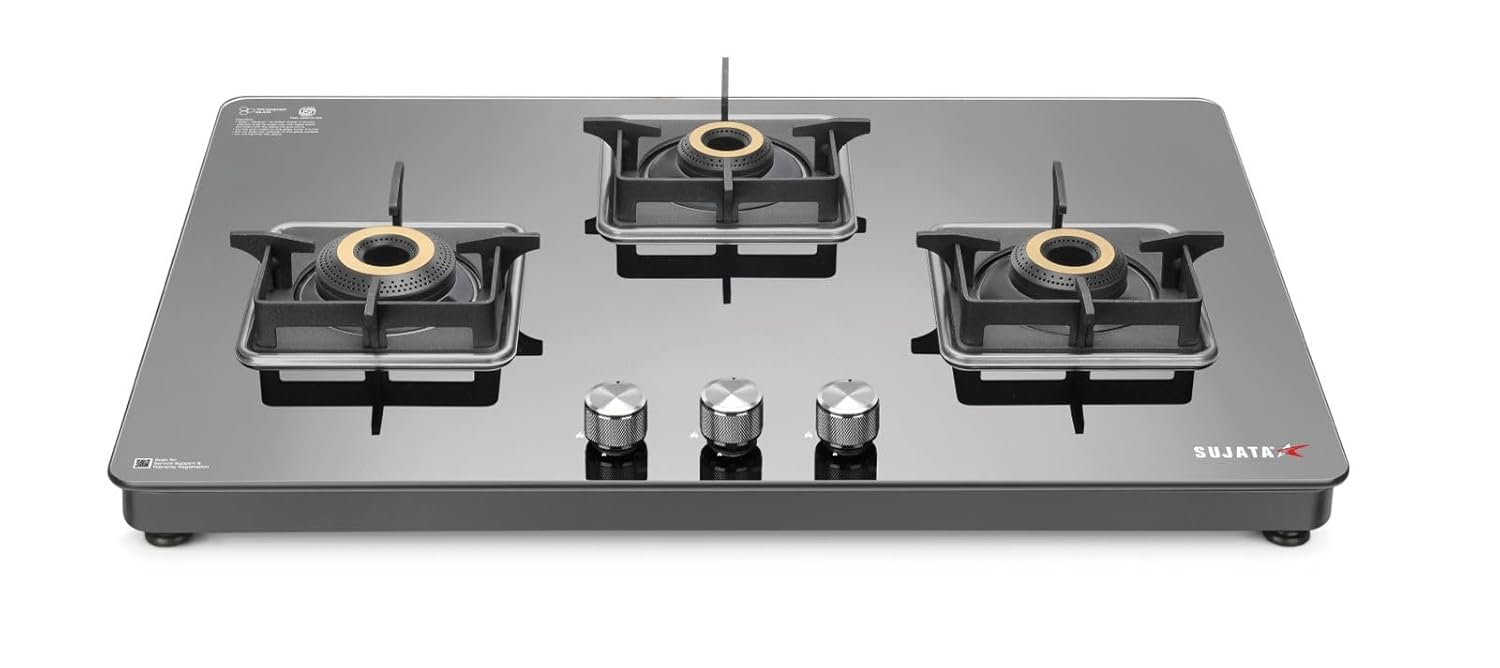 Sujata Premium Gas Stove | 9 Years Warranty | 3 Burner Gas Stove Glass Top, SABAF, ISI Certified, LPG & PNG Compatible