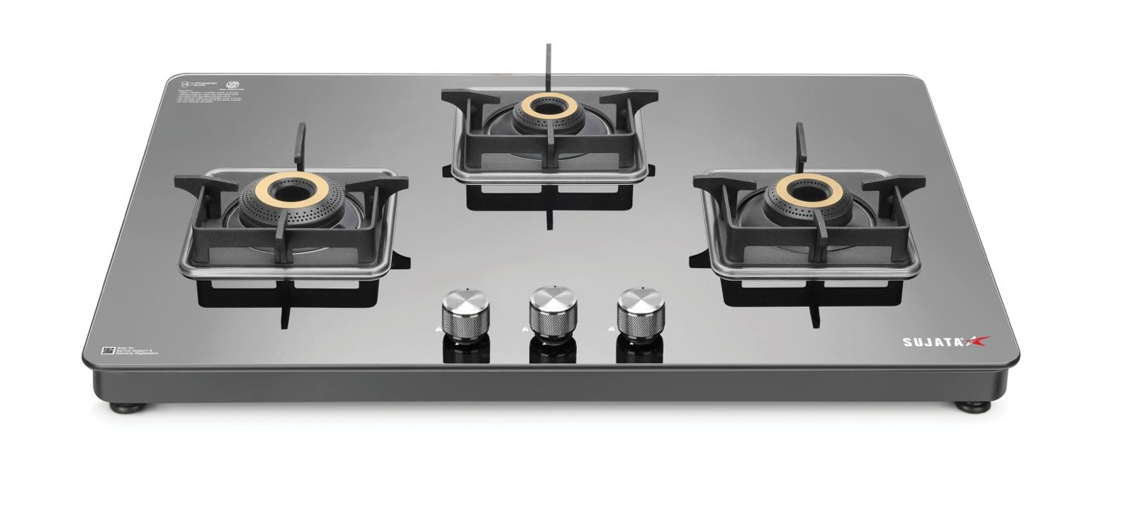 Sujata Premium Gas Stove | 9 Years Warranty | 3 Burner Gas Stove Glass Top, SABAF, ISI Certified, LPG & PNG Compatible, 360° Rotating Brass Gas Nozzle, Jumbo Brass Burner (Black),Open