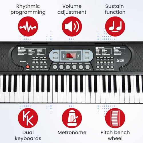 61 Key Keyboard Piano, Electric Piano Keyboard with Lighted Keys, Pitch Bend, Built-in Speakers- Includes Piano Stand and Bench, Microphone, Portable Keyboard Piano for Beginners