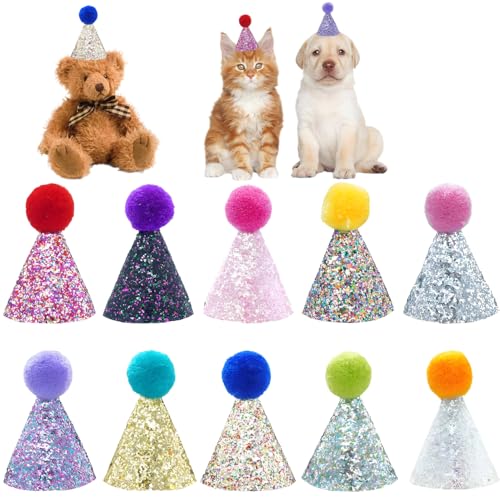 BIPY 10 Pack Mini Party Hats for Toy Animals Teddy Bear Small Party Hats for Teddies with Adjustable Headband Pastel Dog Birthday Hat Pet Grooming Mini Pom Pom Top Accessories