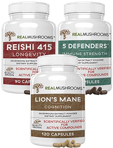 Real Mushrooms Lions Mane (120Ct), Reishi (90Ct), 5 Defenders (90Ct) Capsules Bundle - Mushroom Supplement For Cognition, Longevity, Relaxation & Immune Strength - Vegan, Non-Gmo #TOP22