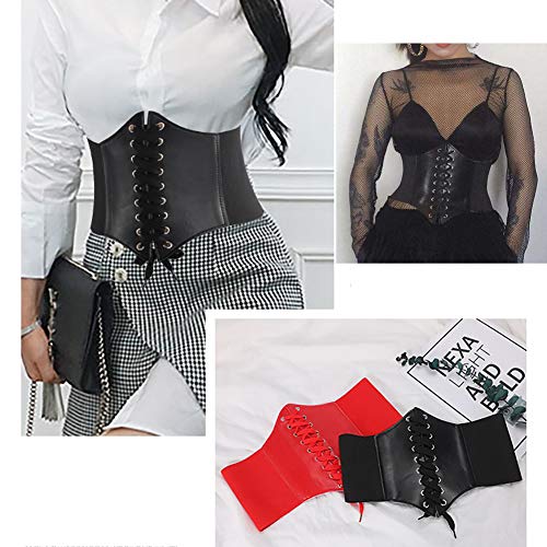 GSHLLO PU Leather Wide Elastic Waist Belt Lace up Tied Corset Stretchy Cinch Belt Waist Band for Women Black4