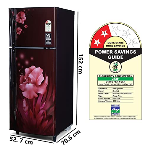 Image of Godrej 260 L 2 Star Inverter, 24 Hours Freshness, With Jumbo Vegetable Tray Frost Free Double Door Refrigerator Appliance(RT EON 275B 25 HI AQ WN, Aqua Wine)