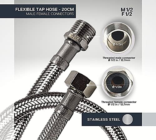 DOJA Industrial | Flexible Tap Hose | Male/Female | M 1/2" - F 1/2" | Pack 2 | 20 cm Length | Hose for Tap or Shower in Stainless Steel | Flexi Hose Pipe for Kitchen tap, Shower Hose, Bathroom tap