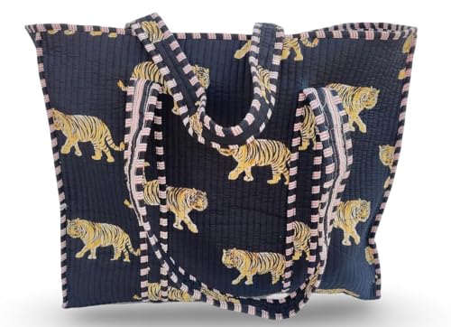 Image of Cotton Tiger Block Print Tote Bag, Indian Handmade Shopping Shoulder Bag, Unisex Market Daily Use