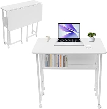 Foldable Computer Desk with Wheels - Unfold Desktop Size 31.522.83in - Folding Desk with Storage Shelf - Small Rolling Desk for Small Space,Easy Assembly White