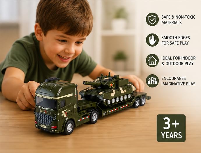 Image of Military Transport Truck with Tank Toy for Kids | Army Carrier Trucks with Movable Tank & Loading Ramp | Friction Powered Pretend Play Toy Vehicle for 3+ Years Boys & Girls