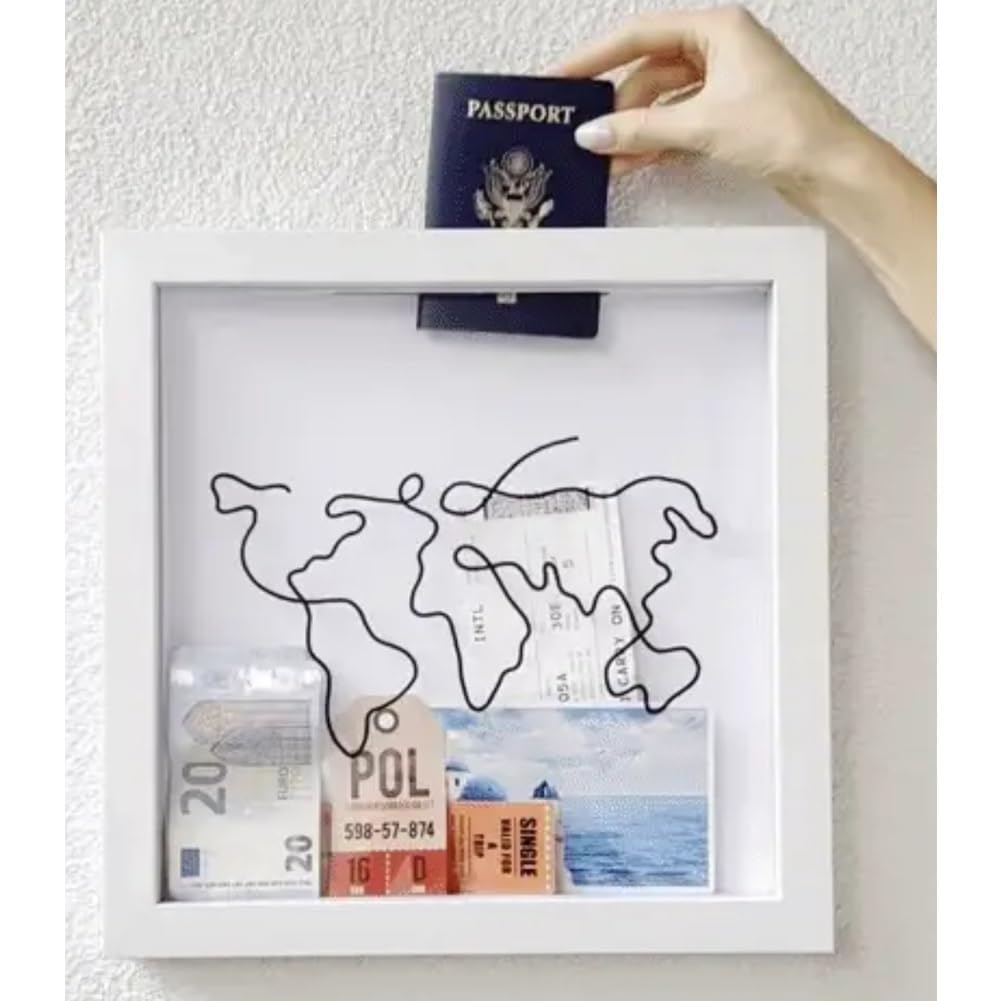 DidytsDidyts 2024 Adventure Archive Box: Wooden Ticket Holder with Top Loading Display Case, Featuring a Top Slot, Travel Map World Memento Frame for Airplane, Train, and Concert Tickets (12''*12'')