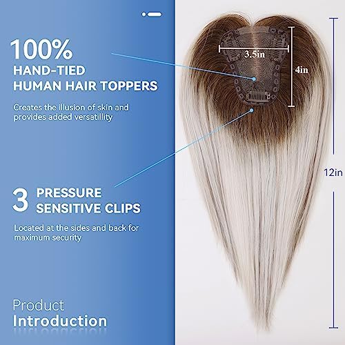 Miniatura 4 de EMMOR Toppers de cabello humano Remy para mujer, 100% 3.5 x 4 pulgadas atados a mano con base de encaje suizo de 12 pulgadas (degradado gris