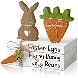 Ferraycle 4 Pcs Easter Table Decor Wooden Sign Happy Easter Farmhouse Wooden Block Decorative Book Tiered Tray Decor Rustic Spring Decoration for Fireplace Living Room(Bunny Carrot Style)