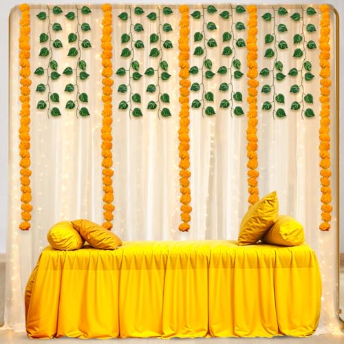 Party Propz Decorative Cloth for Decoration with Warm Yellow Led Light (9m), Marigold Garland, Artificial Leaves -13Pcs Haldi Decoration Items for Home, Backdrop for Pooja Decoration, Festive Backdrop