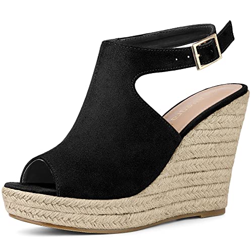 Allegra K Allegra K Women's Peep Toe Slingback Platform Black Espadrilles Wedge Heels Sandals 7 M US