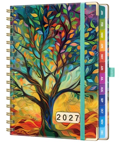 HwxBen Agenda hebdomadaire et mensuel 2027, format A5 (14,7 x 21,1 cm), janvier à décembre 2027, 160 pages, agenda à spirale à couverture rigide, papier épais 100 g/m², onglets mensuels, porte-stylo