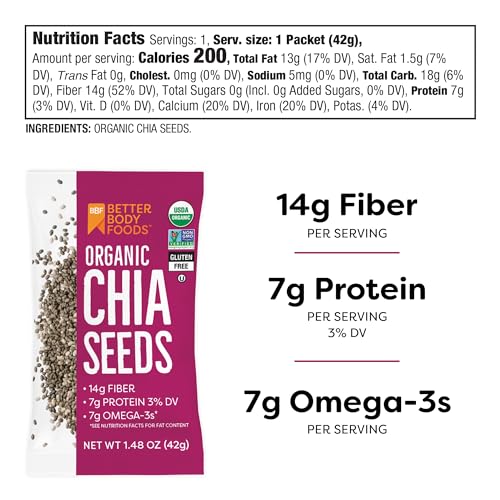 Image of BBF Organic Chia Seeds Packets 24 Single Serve Packet, Smoothies & Oatmeal | High Fiber Chia Seeds, Omega 3s, Plant-Based Protein, Overnight Oats, Egg Replacement for Baking, BetterBody Foods