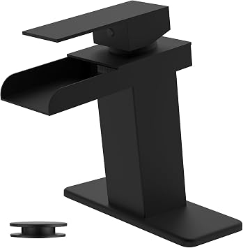 Waterfall Bathroom Faucet Single Hole, Matte Black Single Handle Bathroom Faucets for 1 or 3 Hole Sink Faucet w/Pop Up Drain Mixer Tap Basin Deck Supply Hoses